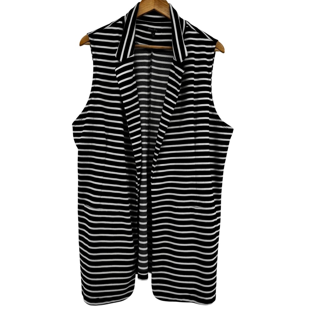 Olivia Sky Women 1X Stripe Sleeveless Longline Vest Black White Office Lagenlook